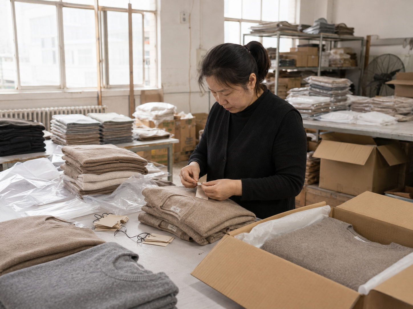 Labelling and packing finished cashmere garments