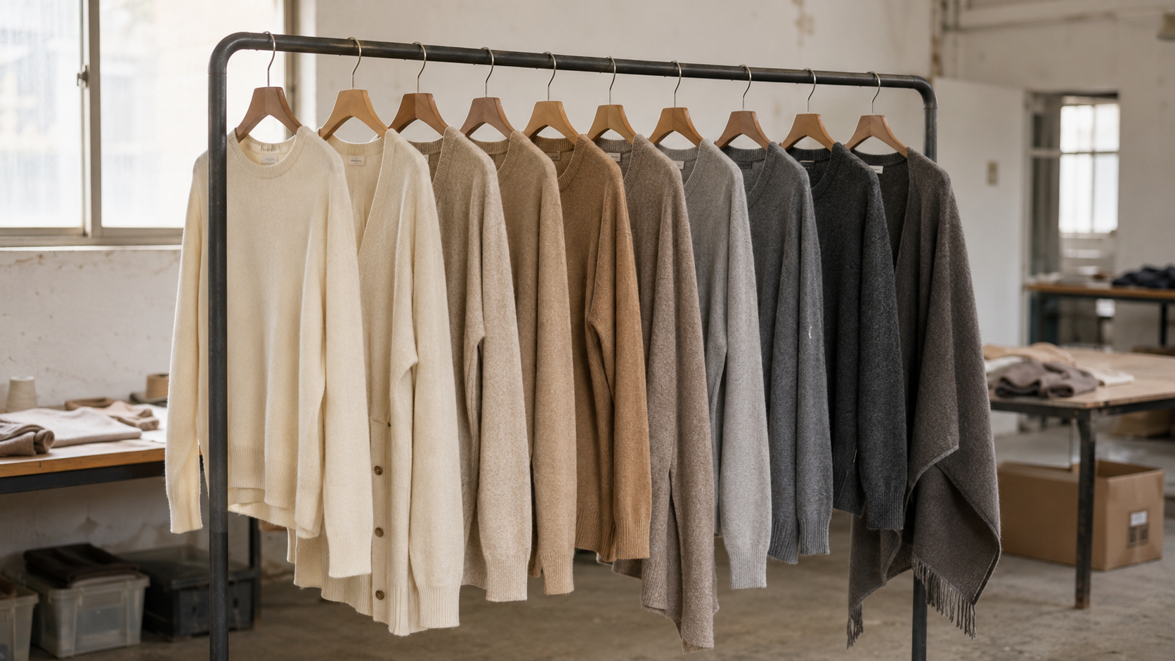 Neutral-toned cashmere knitwear on a rack